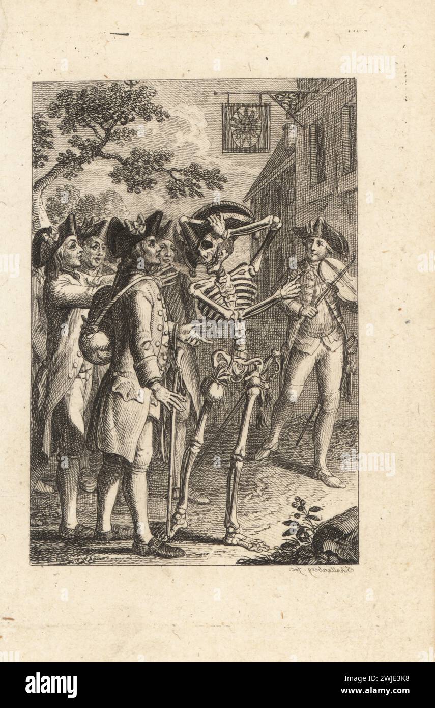 Le squelette des gangs de presse de la mort un homme dans le service militaire devant une maison publique, 18ème siècle. Le squelette porte le bicorne et l'épée d'un soldat tandis qu'un violoniste joue du violon. Train de presses ou Swindler. Der Werber. Signature en écriture miroir. Gravure sur cuivre dessinée et gravée par Johann Rudolf Schellenberg de Freund Heins Erscheinungen de Johan Karl Musaus dans Holbeins Manier, (apparitions de la mort à la manière de Holbein), Heinrich Steiner, Winterthur, 1785. Banque D'Images