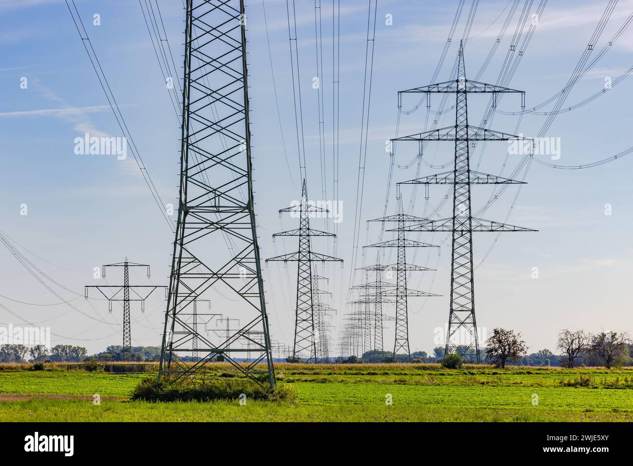 Les sphères techno artificielles excessives telles que les pylônes électriques défigurent la nature et l'environnement Banque D'Images