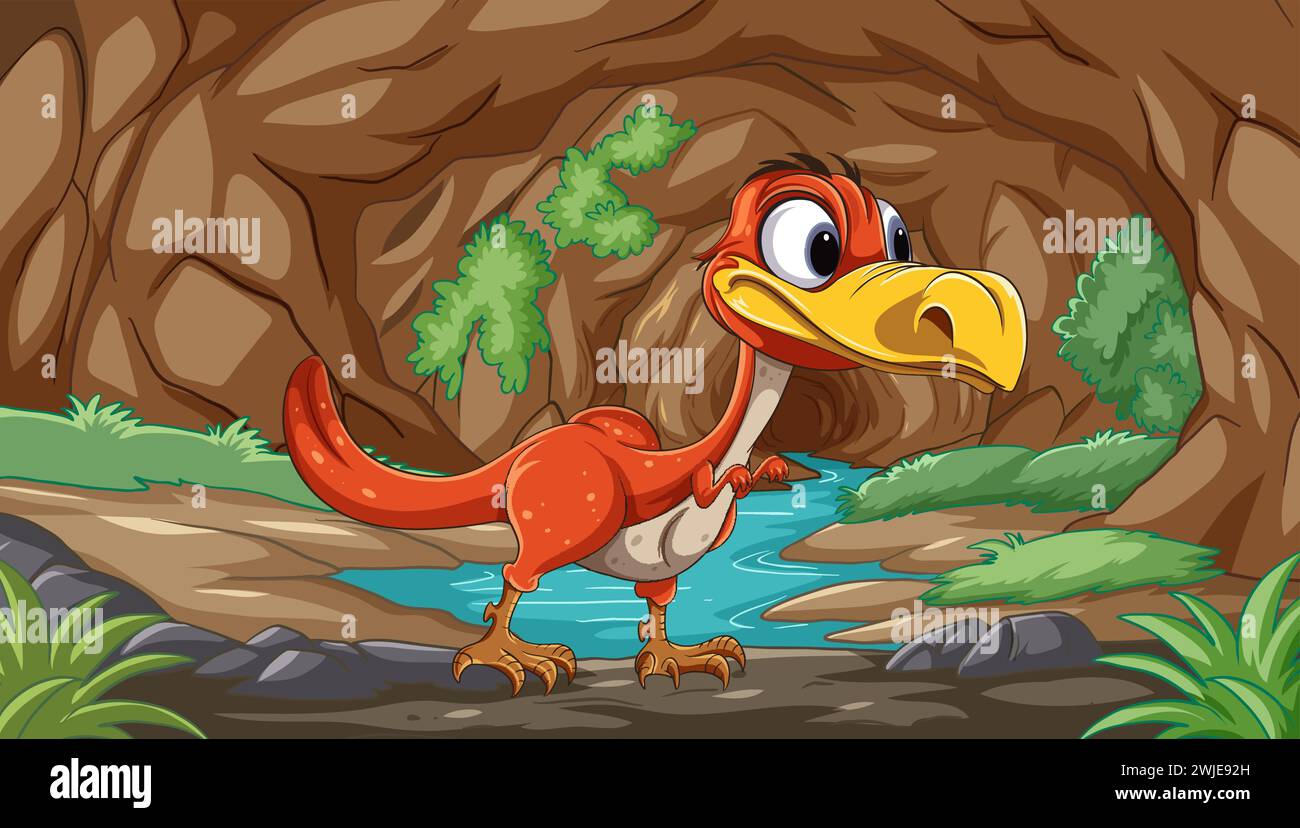 Dinosaure de dessin animé debout près d'une entrée de grotte Illustration de Vecteur