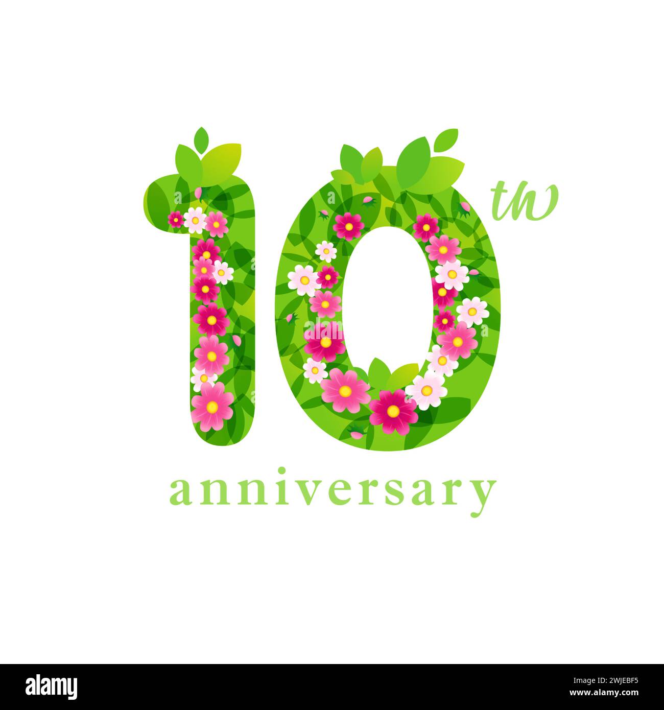 Mignon floral numéro 10. concept de logo 10e anniversaire. Signe créatif avec des fleurs et des feuilles. Éléments transparents et fond blanc. 1 et 0 Illustration de Vecteur