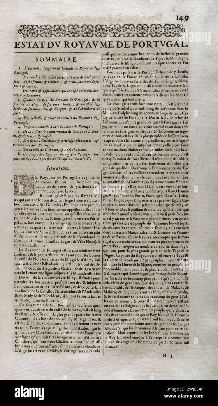 'Les Estats, Empires, Royaumes et Principautez du monde', par D.T. V. Y. (Pierre d'Avity, 1573-1635). État du Royaume du Portugal, résumé. Édition imprimée à Genève par Samuel Chouët, 1665. Banque D'Images