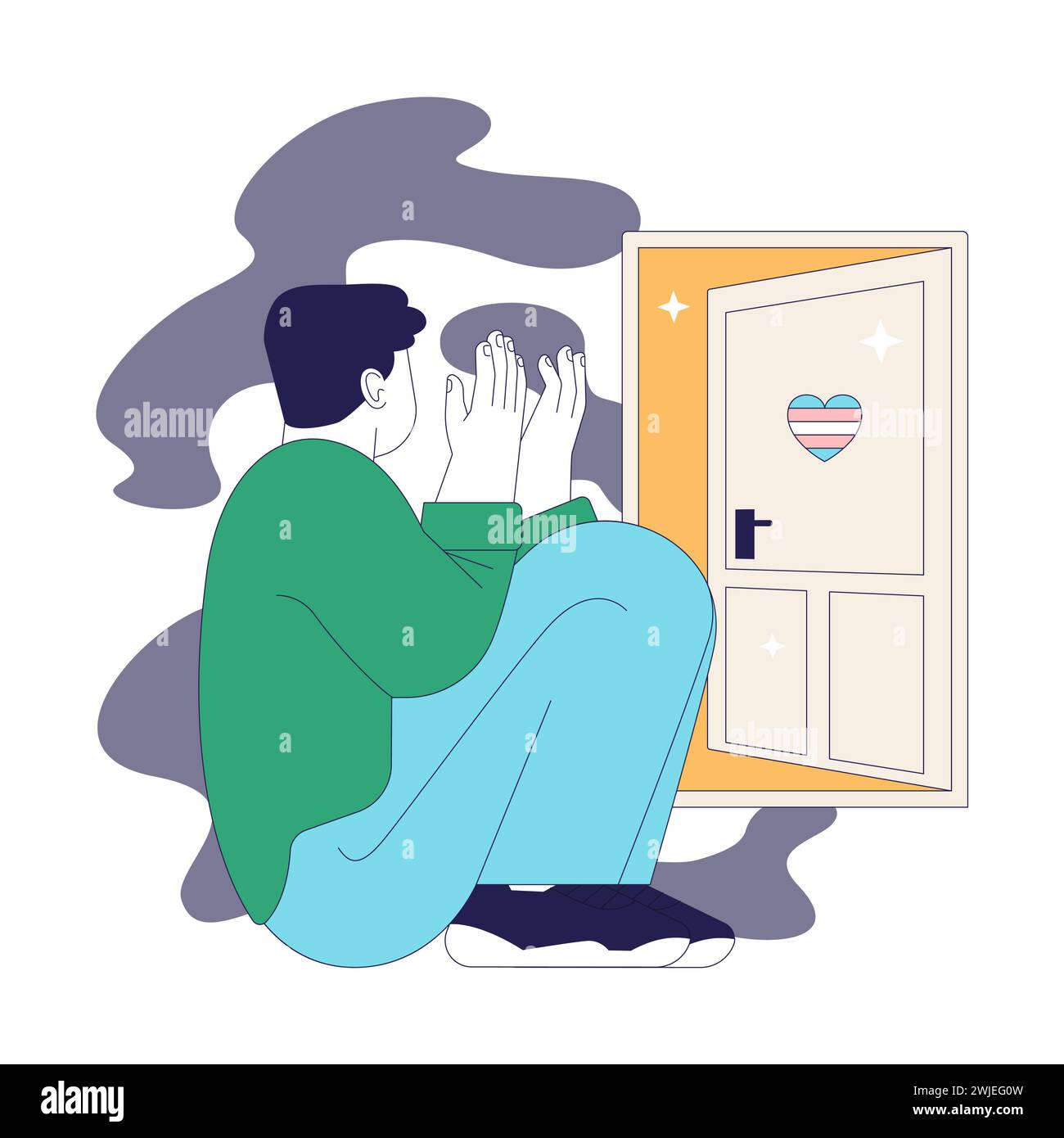 Transition entre les sexes. Vrai soi dans le voyage de sortir, la personne transgenre a amélioré la santé mentale. Dysphorie de genre, nouvelle acceptation identitaire et autonomisation. Illustration vectorielle plate Illustration de Vecteur