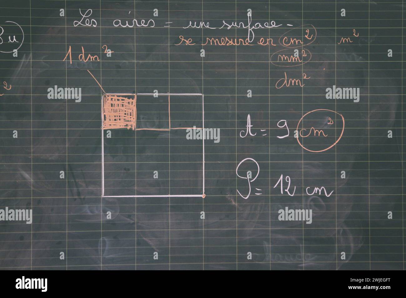 Arvieux, département des Hautes-Alpes (Alpes françaises), Queyras : classe primaire. Définition de la zone écrite à la craie sur le tableau. Domaines d'apprentissage et su Banque D'Images