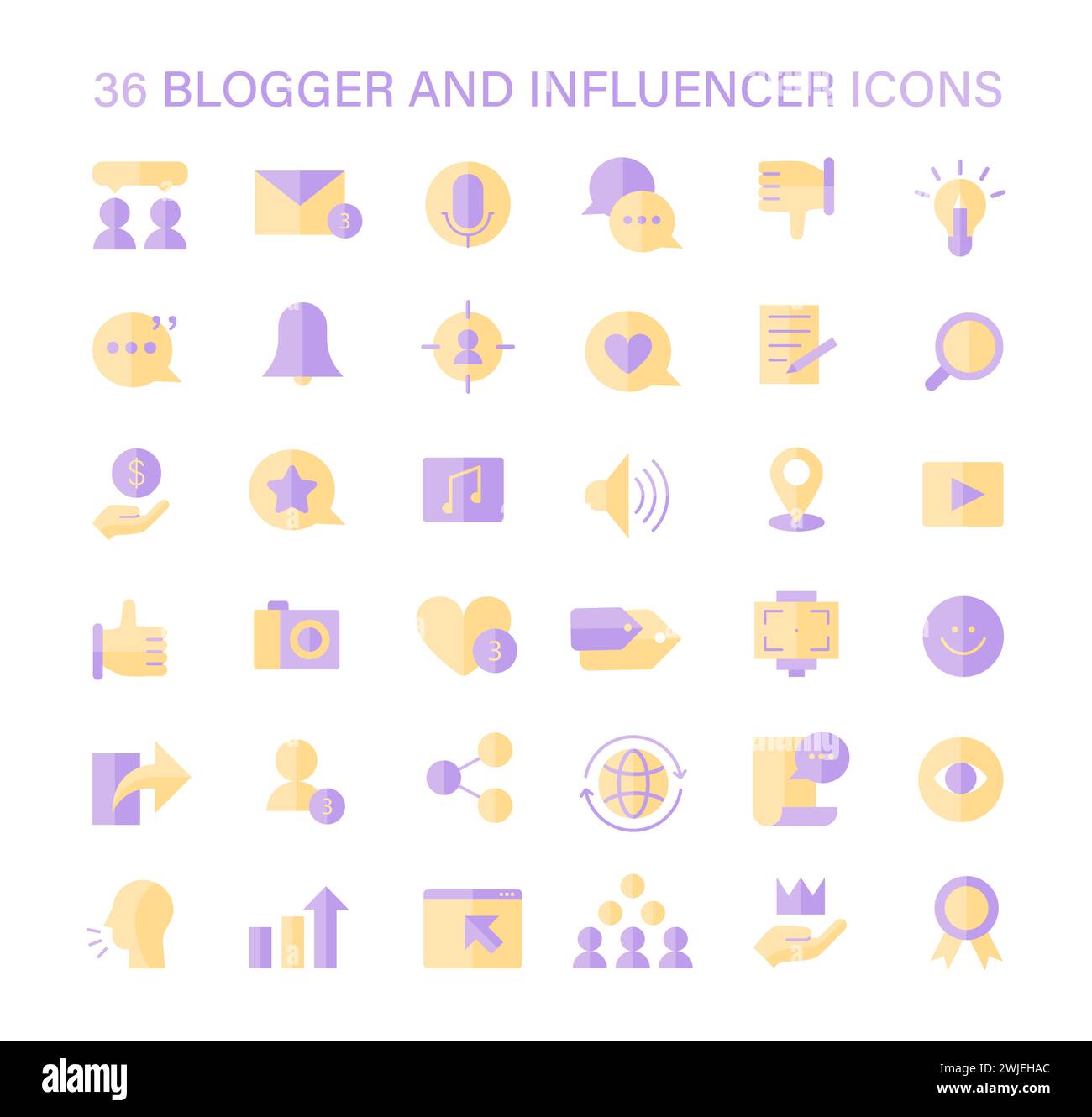 Ensemble d'icônes de blogueur et d'influenceur. Icônes polyvalentes pour la création de contenu, l'engagement du public et l'image de marque personnelle. Outils de marketing numérique et de présence sur les médias sociaux. Illustration vectorielle plate. Illustration de Vecteur