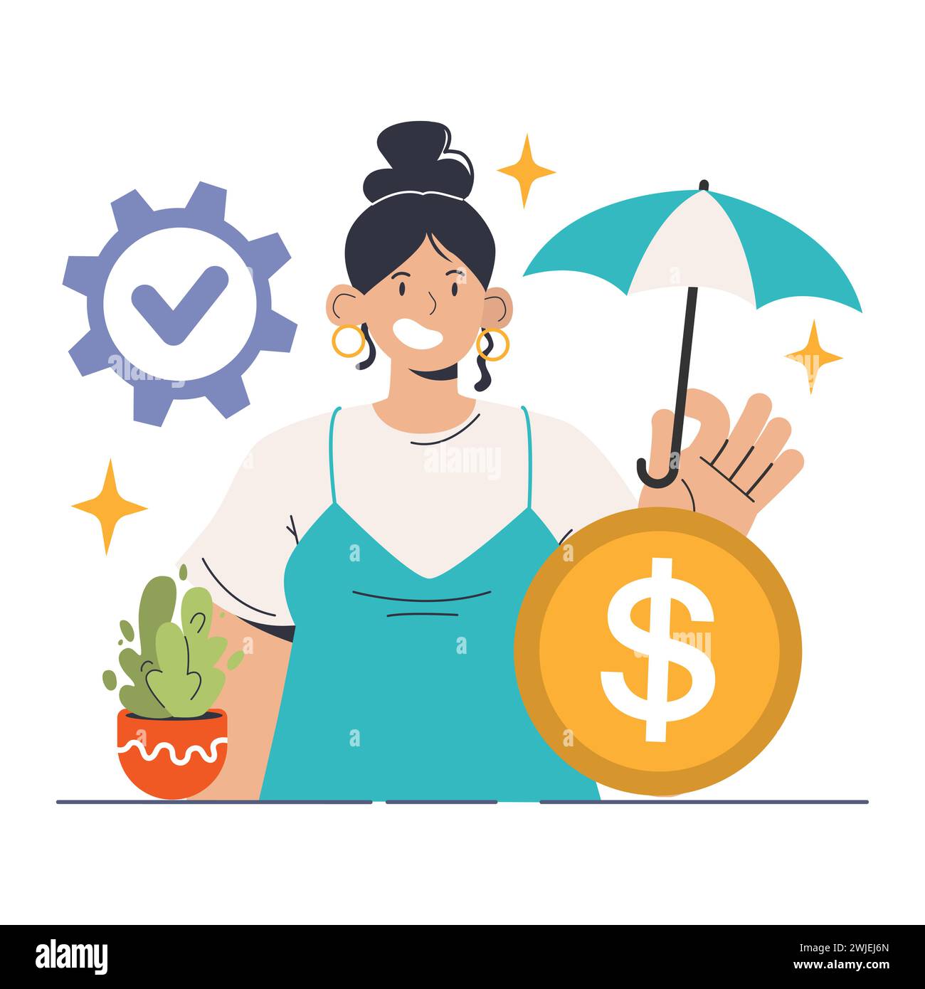 Concept d'assurance de la sécurité financière. Une femme confiante avec un parapluie et une grosse pièce de monnaie communique la disponibilité pour les dépenses imprévues. Illustration vectorielle plate Illustration de Vecteur