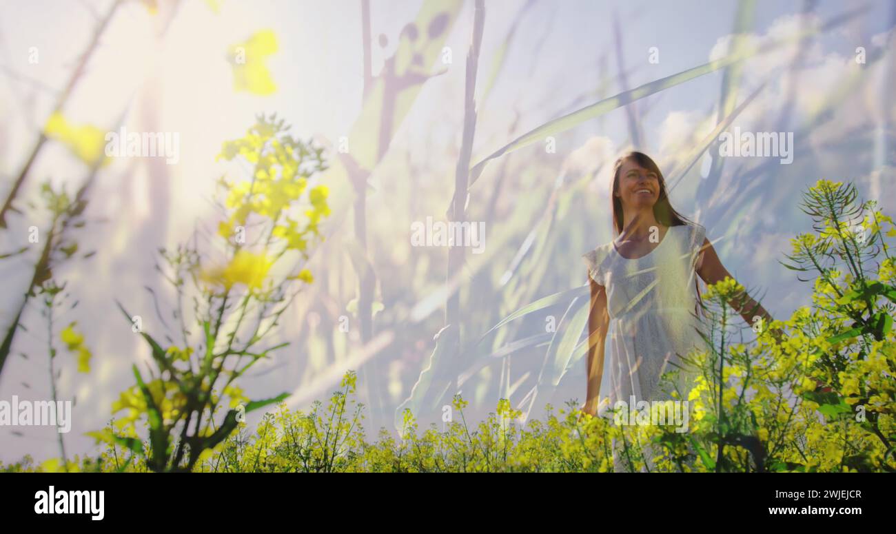 Femme aime la brise dans les prairies, les hautes herbes devant Banque D'Images