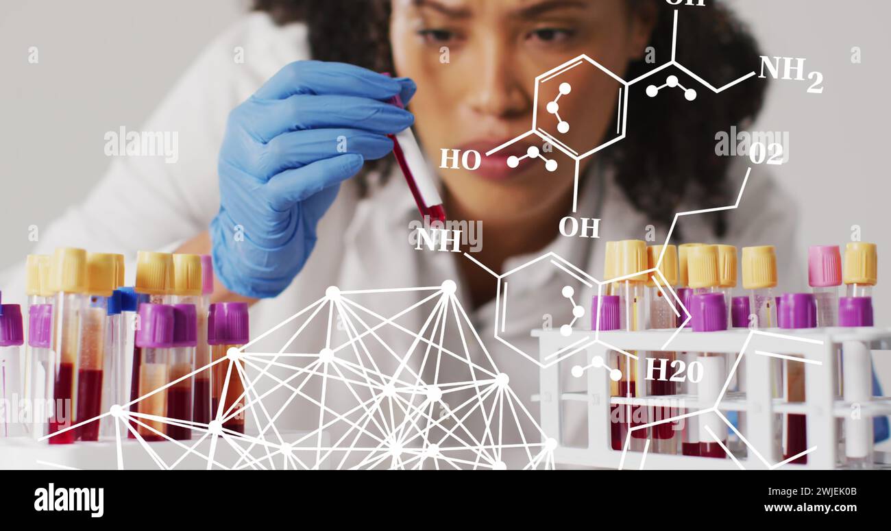 Image de structures chimiques sur médecin féminin biracial avec des tubes à essai Banque D'Images