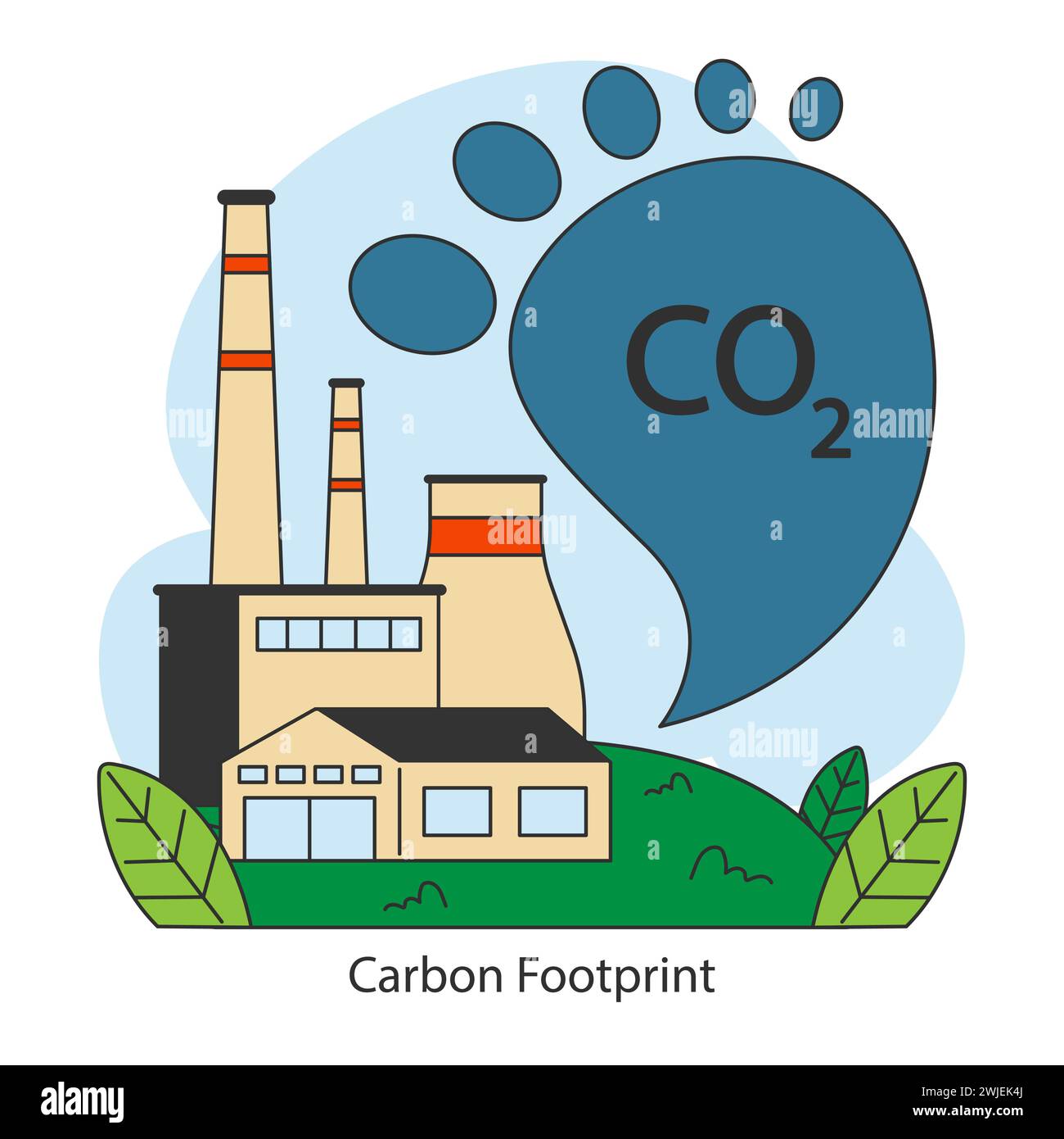 Concept d'empreinte carbone. Représente l'impact environnemental des émissions industrielles. Préconise des mesures de réduction du carbone. Illustration vectorielle plate. Illustration de Vecteur