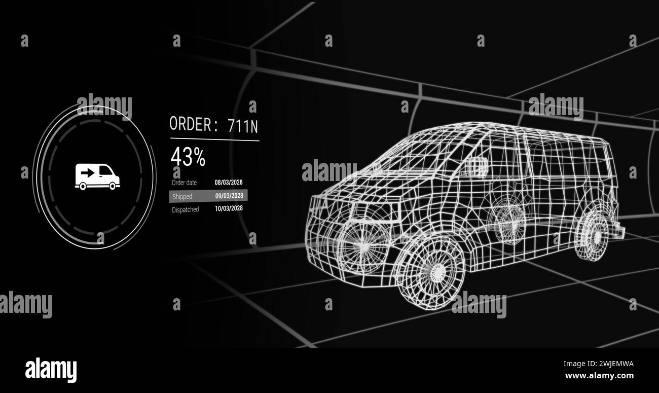 Image des icônes avec traitement des données sur camion numérique sur fond noir Banque D'Images