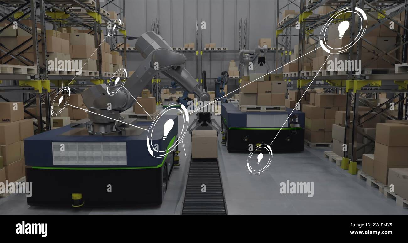 Image du réseau de connexions avec des icônes sur les boîtes sur le tapis roulant dans l'entrepôt Banque D'Images