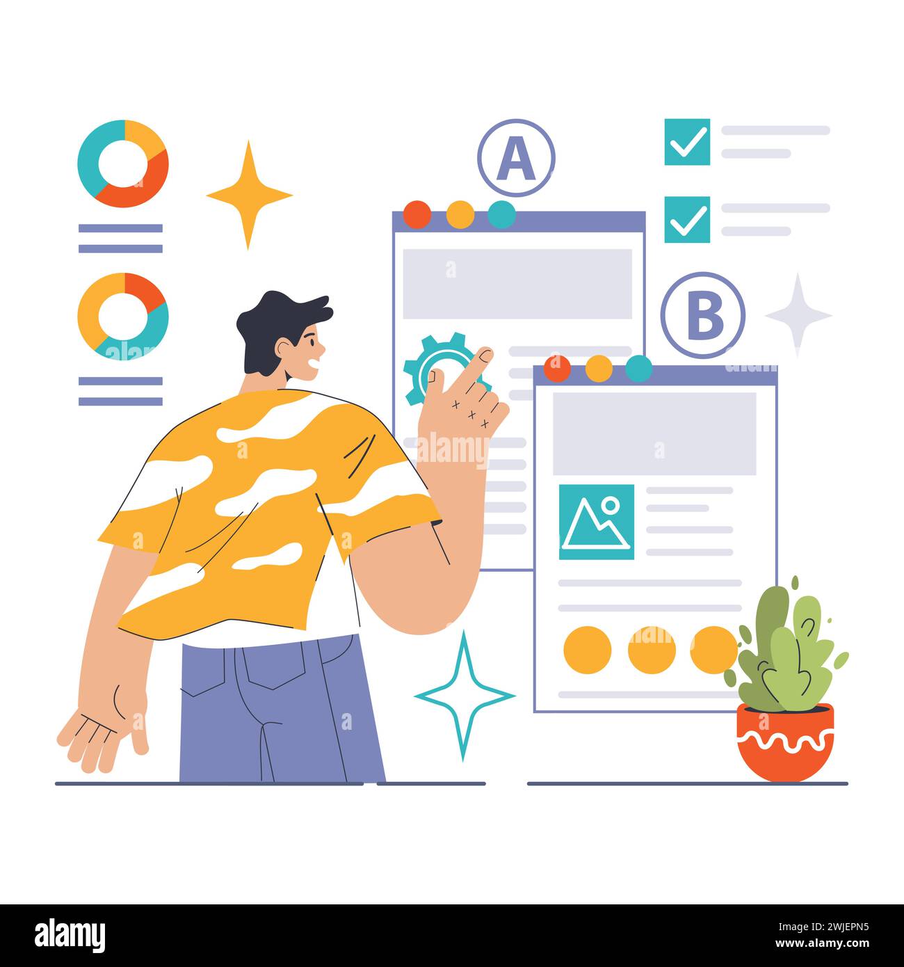 Le spécialiste du marketing fait la démonstration d'Un test B sur des mises en page à double bande. Comparaison des éléments de conception, optimisation de l'expérience utilisateur et augmentation des taux de conversion. Stratégies marketing efficaces. Illustration vectorielle plate Illustration de Vecteur