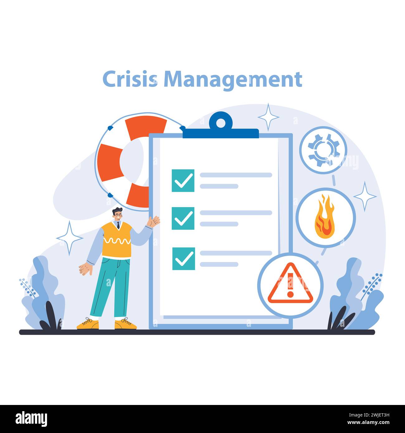 Concept de gestion de crise. Approche détaillée de la préparation aux situations d'urgence, de l'évaluation des risques et des stratégies d'atténuation dans les opérations commerciales. Résolution proactive des problèmes et établissement des priorités en matière de sécurité. Illustration de Vecteur