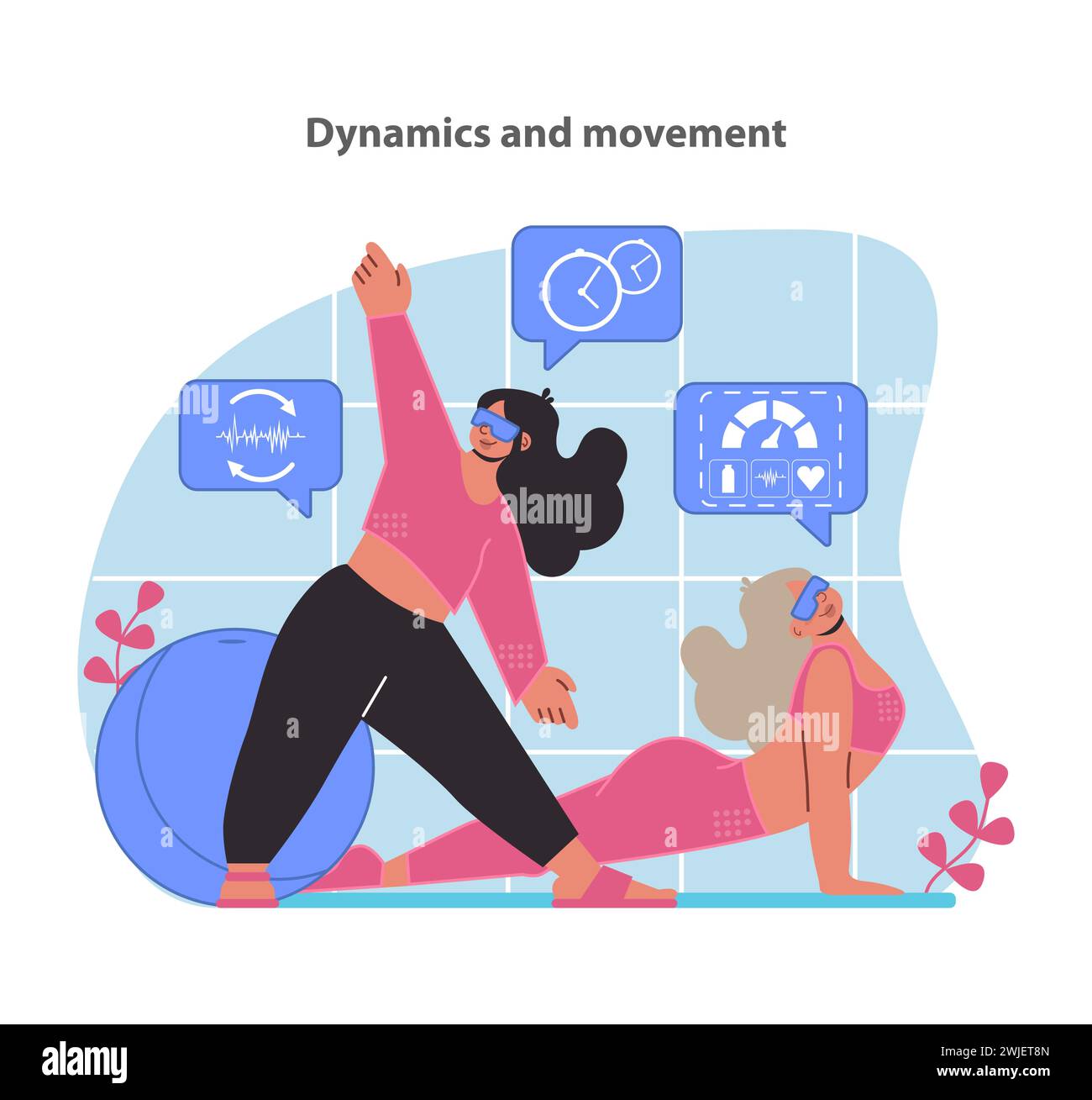 Ressentez le rythme d'un entraînement alimenté par VR avec notre illustration dynamique et axée sur le mouvement, où le guidage virtuel et l'agilité réelle se mélangent pour une séance de fitness complète. Illustration de Vecteur