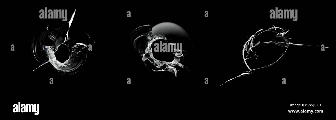 Fissures blanches dans le verre sur fond noir. Ensemble de fissures dans la fenêtre. Banque D'Images