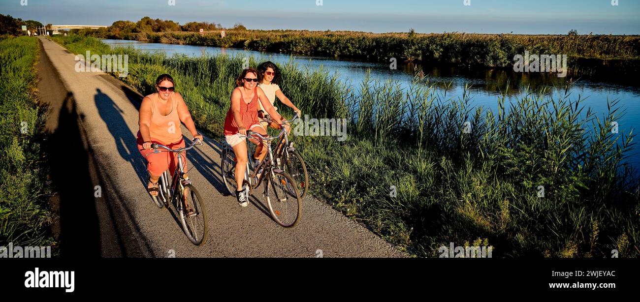 Vauvert (sud-est de la France) : balade à vélo le long du canal du Rhône à Sète (canal Rhône-Sète). Trois femmes faisant du vélo le long de la « ViaRhona » à Gallici Banque D'Images