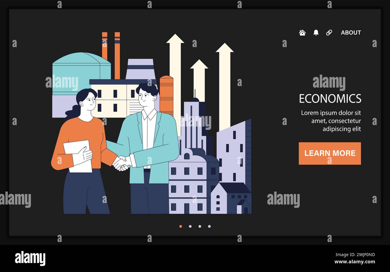 Action politique Web ou atterrissage. Croissance économique, collaboration entre politiciens et entrepreneurs pour le développement durable. Deux professionnels dans un accord de poignée de main. Illustration vectorielle plate. Illustration de Vecteur