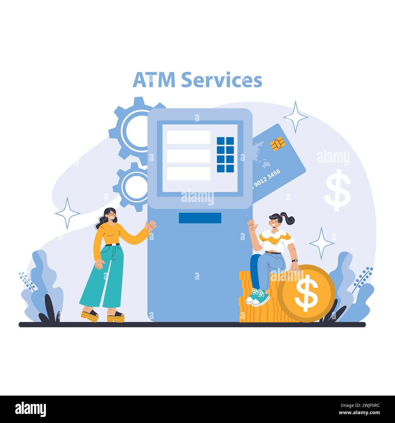 Concept de service ATM. Service bancaire pratique avec accès 24 heures sur 24 aux guichets automatiques. Interface pratique pour des transactions en espèces rapides. Indépendance financière en action. Illustration vectorielle plate. Illustration de Vecteur