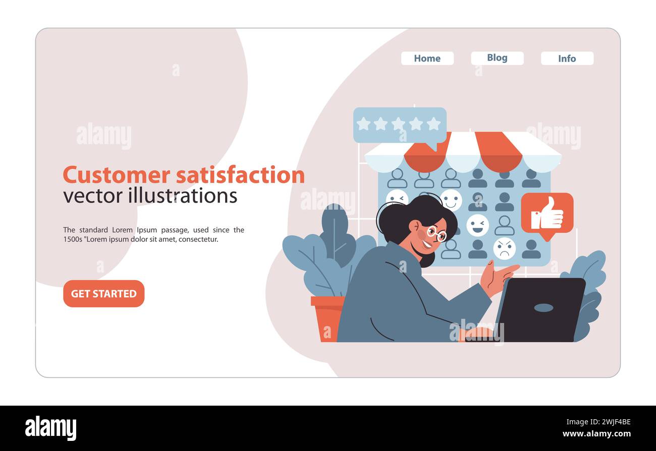 Concept de satisfaction client. Illustration d'un utilisateur qui s'engage à recevoir des commentaires sur le service après-vente, présentant des expériences et des notes positives. Illustration vectorielle plate. Illustration de Vecteur