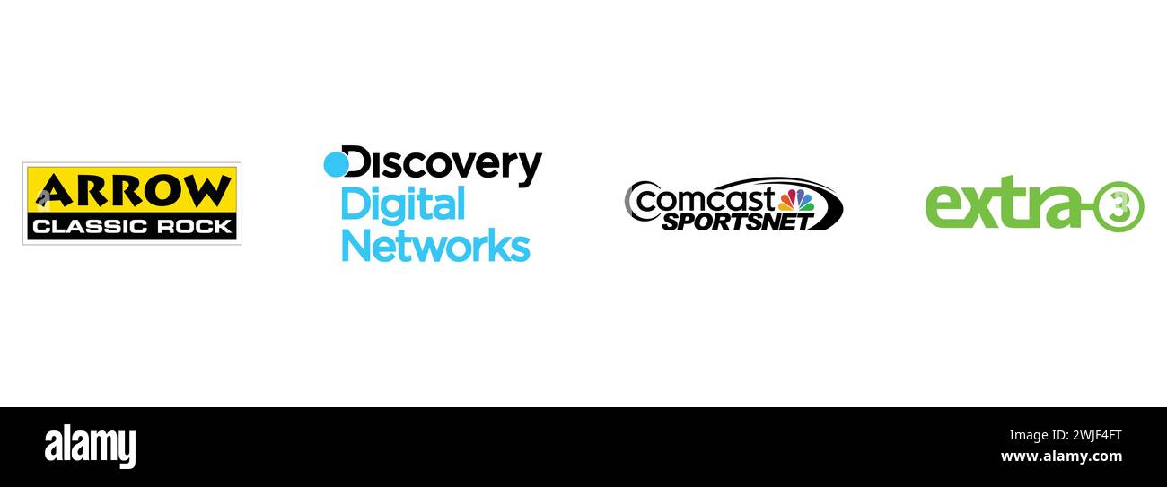 Discovery Digital Networks, Comcast Sportsnet CSN, Extra 3, Arrow Classic Rock . Collection de logos vectoriels éditoriaux. Illustration de Vecteur