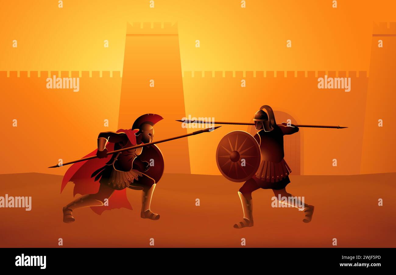 Bataille épique d'Achille contre Hector, assistez au duel légendaire devant le puissant fort de Troie dans cette illustration vectorielle dynamique. Parfait pour historique Illustration de Vecteur