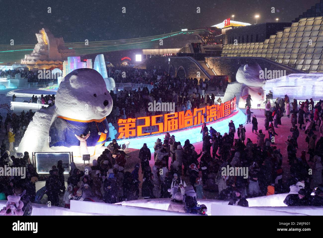 Pékin, province chinoise du Heilongjiang. 14 février 2024. Les touristes apprécient leur temps au Ice and Snow World à Harbin, dans la province du Heilongjiang au nord-est de la Chine, le 14 février 2024. De plus en plus de Chinois choisissent aujourd'hui de partir en voyage pendant le Festival du printemps pour découvrir différentes cultures et l'atmosphère lunaire du nouvel an. Crédit : Wang Jianwei/Xinhua/Alamy Live News Banque D'Images