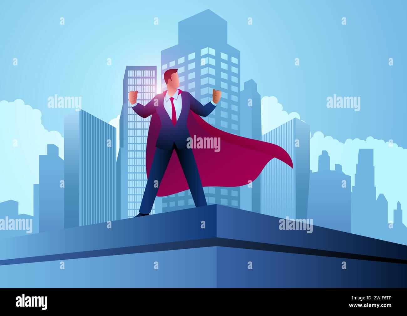 Homme d'affaires comme un super-héros debout sur le dessus d'un bâtiment, accomplissement, détermination, conquérir les obstacles, illustration vectorielle Illustration de Vecteur