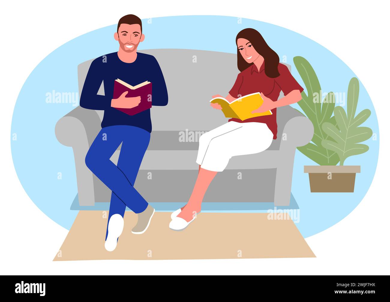 Couple se relaxant dans le livre de lecture de canapé, journée des amoureux du livre, lecture de livre, illustration vectorielle Illustration de Vecteur