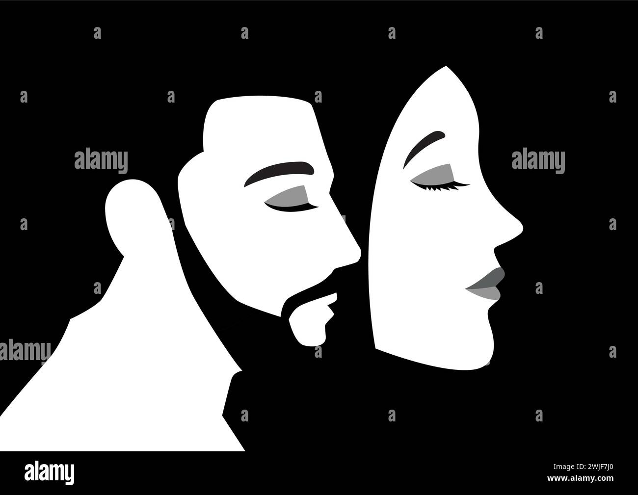 Illustration vectorielle en noir et blanc d'un visage d'homme avec masque de femme, transgenre ou transsexuel, concept non binaire Illustration de Vecteur