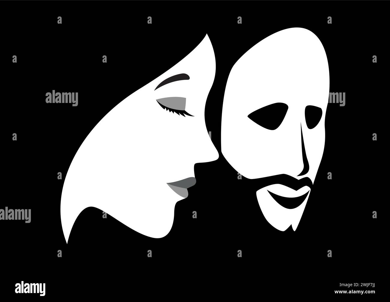 Illustration vectorielle en noir et blanc d'un visage de femme avec masque de Mans, transgenre ou transsexuel, concept non binaire Illustration de Vecteur