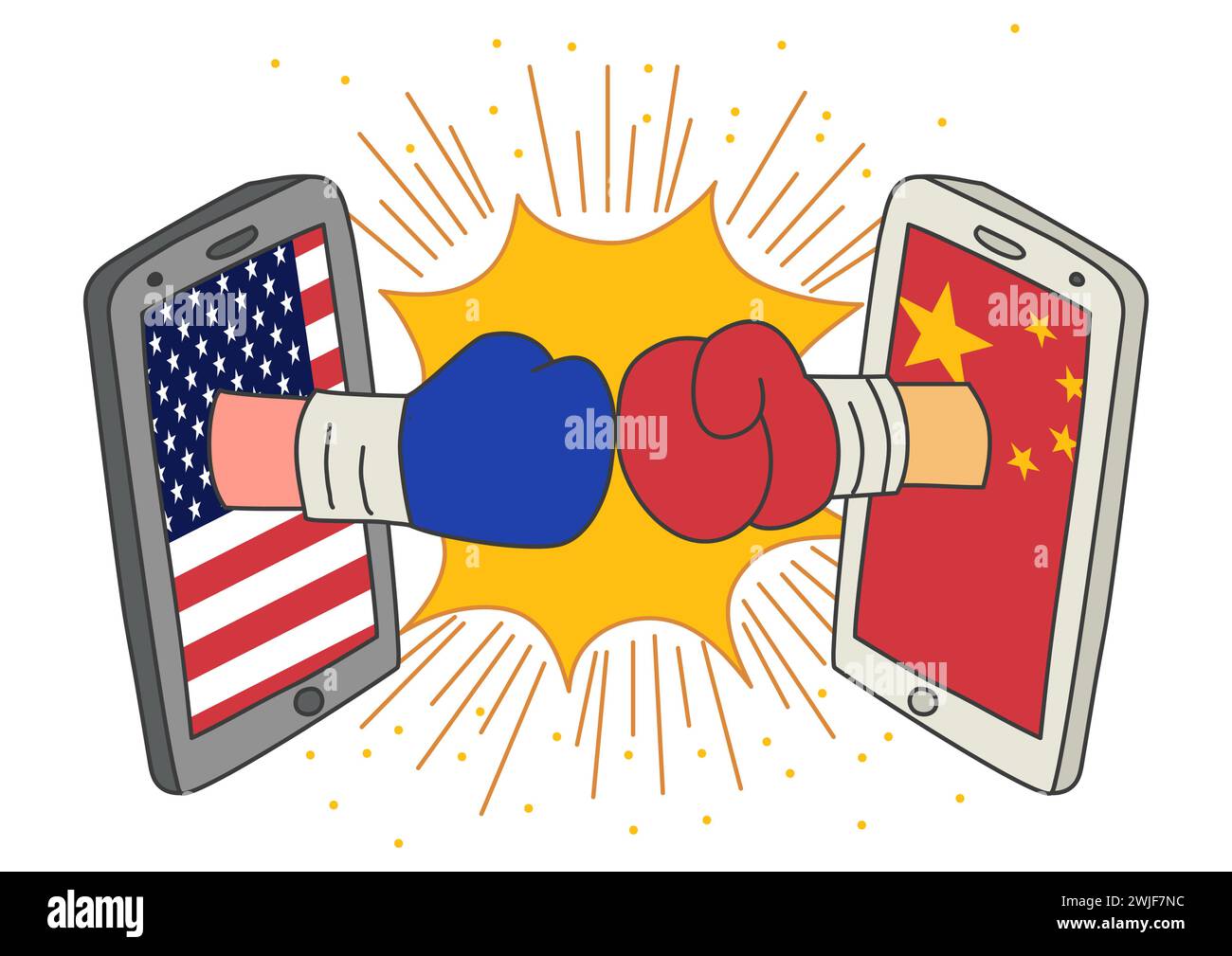Art naïf ou dessin animé d’une confrontation entre les États-Unis et la Chine, représenté par deux gants de boxe provenant de moniteurs de smartphone Illustration de Vecteur