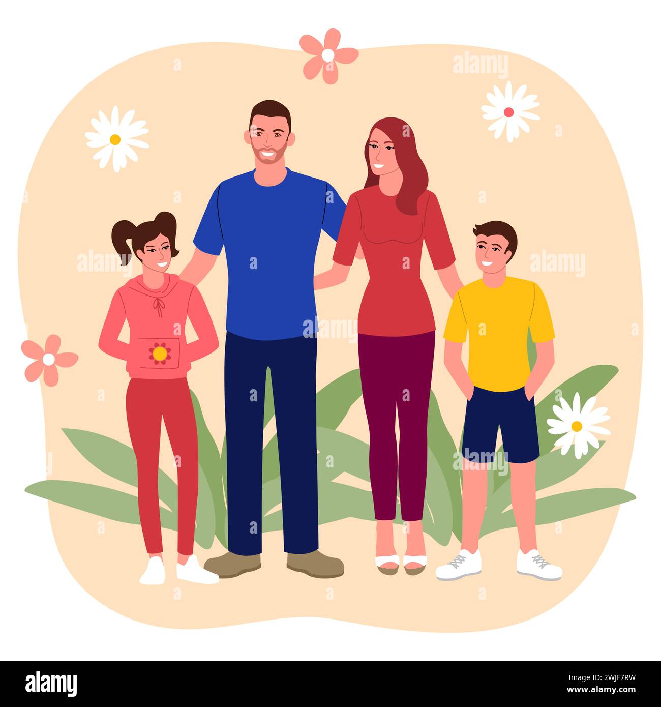 Clip art de la famille heureuse avec deux enfants, illustration vectorielle plate simple Illustration de Vecteur