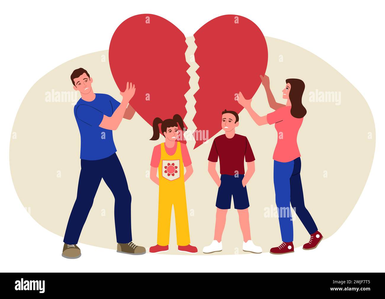 Clip art d'un couple tenant chaque partie de symbole de coeur brisé, concept de divorce, illustration vectorielle plate simple Illustration de Vecteur