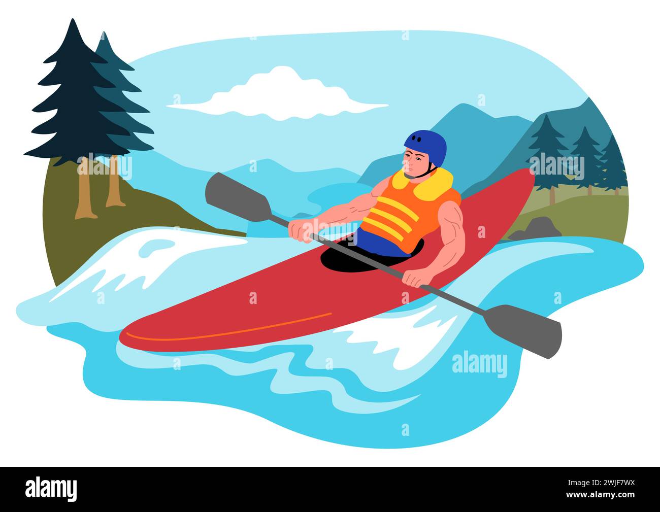 Clipart d'un homme kayak avec paysage de rivière et de montagne, illustration vectorielle Illustration de Vecteur
