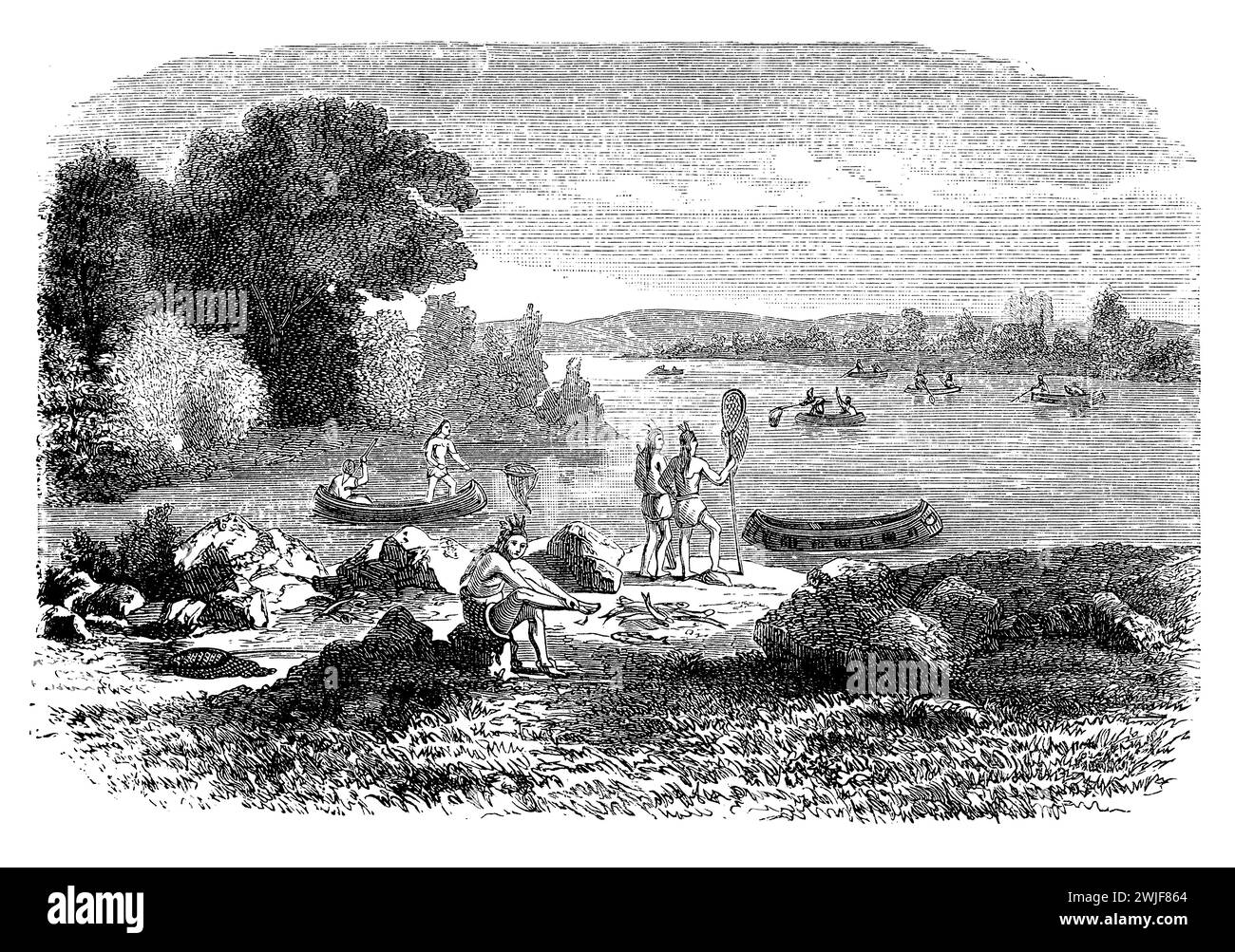 les indiens rouges indigènes d'Amérique du Nord vont pêcher avec des canoës et des filets, illustration du XIXe siècle Banque D'Images