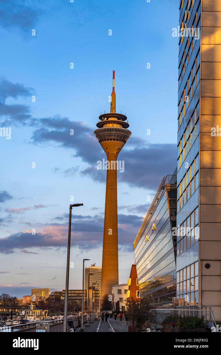 Rheinturm Der Rheinturm in Düsseldorf, Medienhafen, Nordrhein-Westfalen, Deutschland, Europa Rheinturm Telecommunications Tower in Duesseldorf, Allemagne Banque D'Images