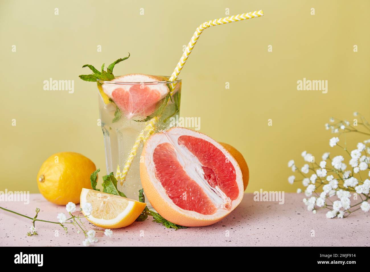 Cocktails frais esthétiques aux agrumes. Faible teneur en alcool, boissons zéro preuve, eau vitaminée détox. Banque D'Images