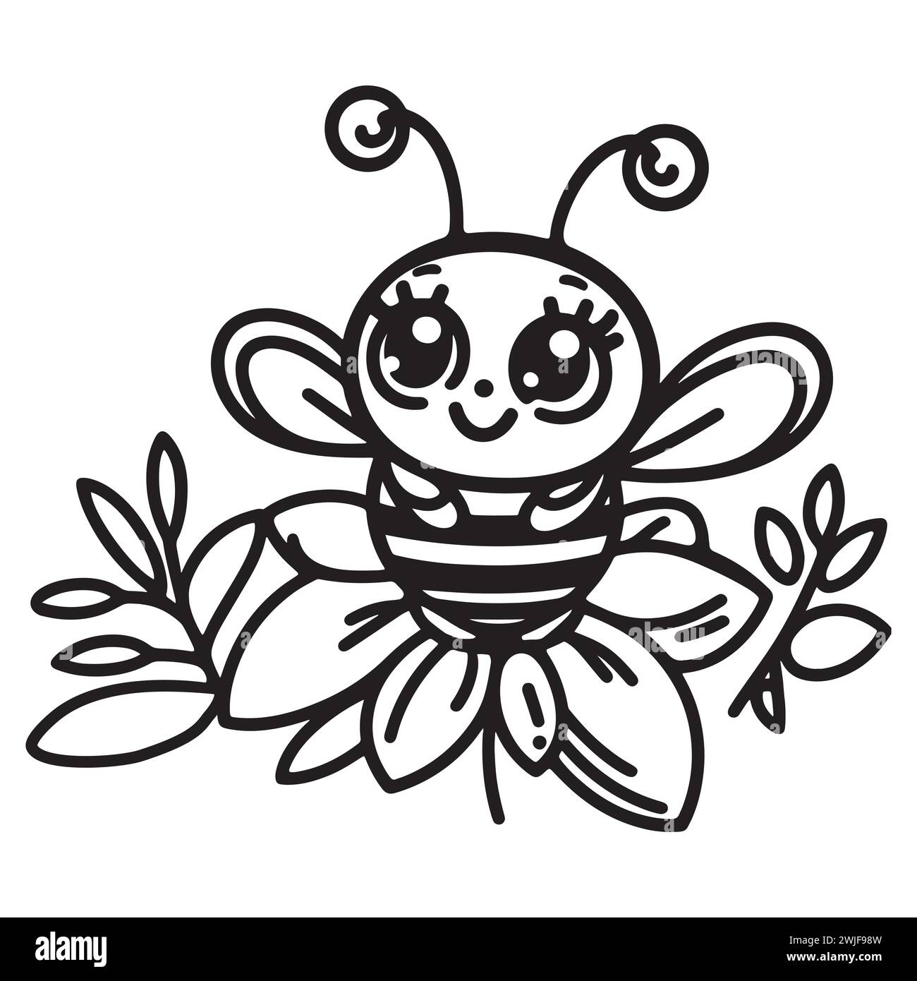 Abeille amusante mignonne sur un dessin animé de fleur linéaire dessiné à la main ligne noire pleine sur fond blanc. L'illustration ombragée peut être utilisée comme symbole, site Web Illustration de Vecteur