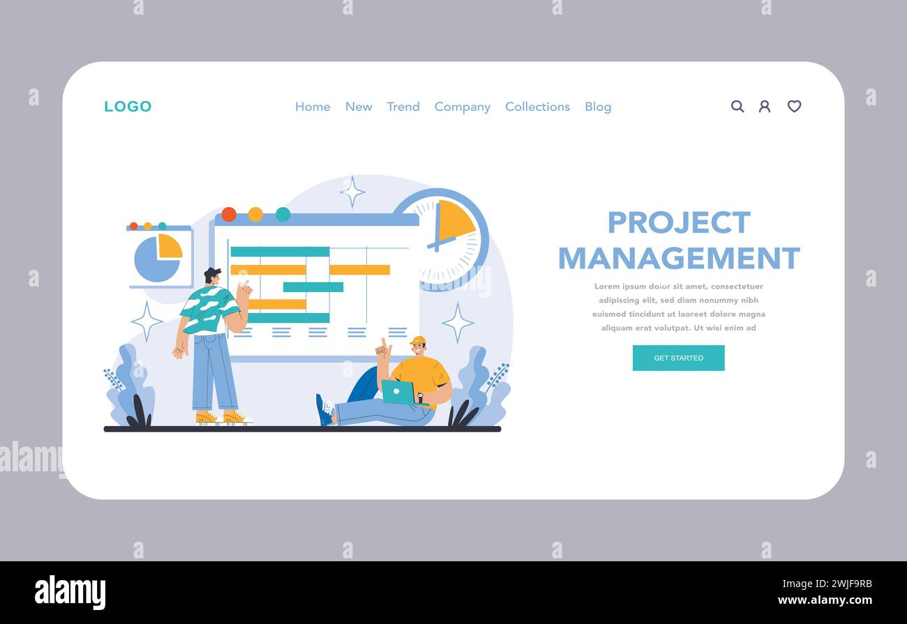 Stratégie et gestion Web ou page d'accueil. Équipe gérant les échéanciers, les ressources et les livrables. Visualisation des plannings des projets, respect des délais, optimisation de l'allocation des tâches. Illustration vectorielle. Illustration de Vecteur