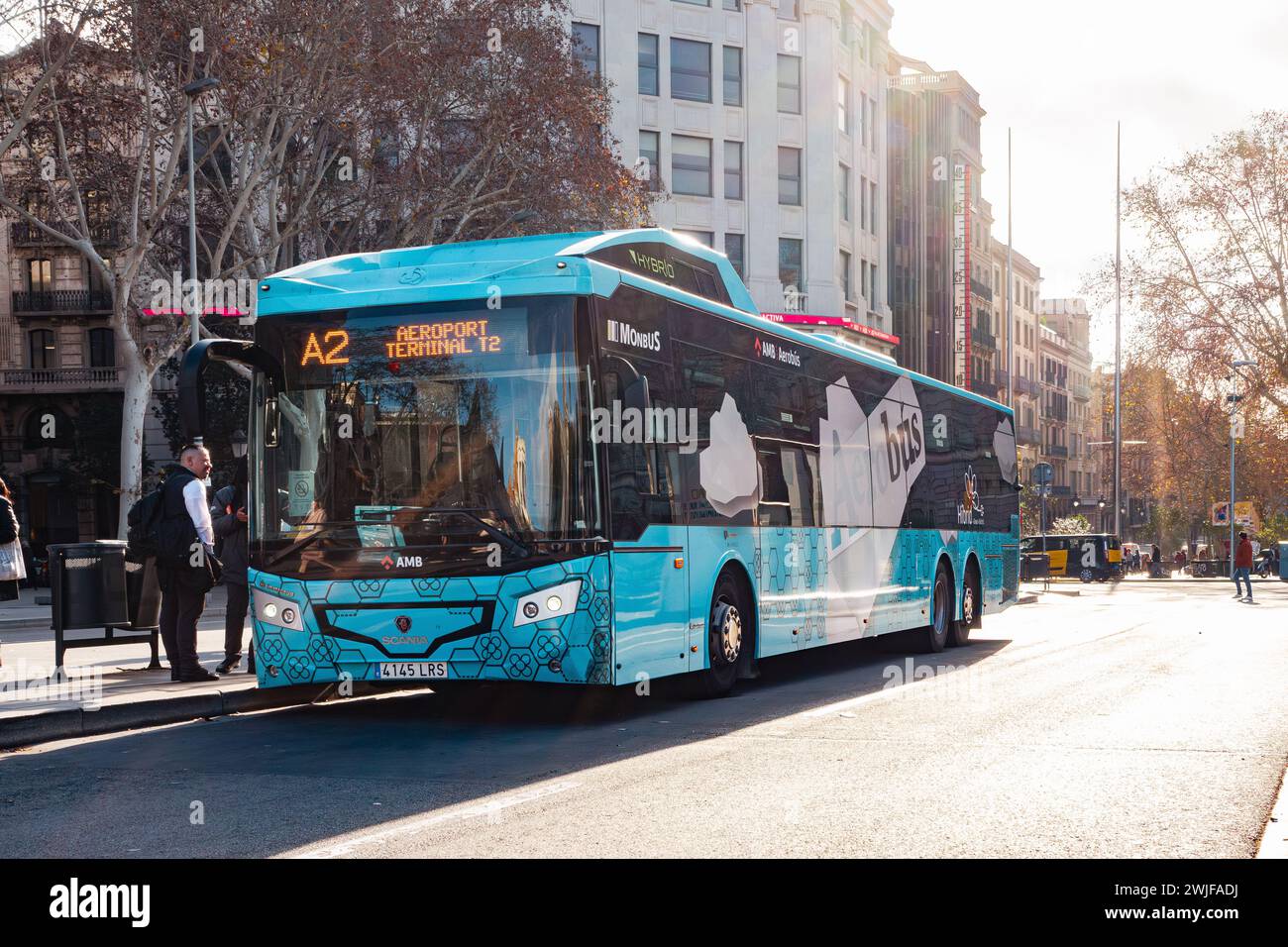 Gare routière Aerobus, Barcelone, Plaza de Catalunya (place de Catalogne), Aerobus, bus pour l'aéroport El Prat Banque D'Images