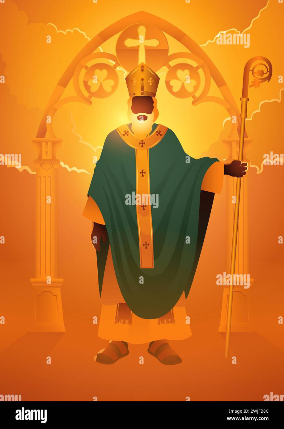 Série d'illustrations vectorielles de religion, Saint Patrick l'apôtre irlandais tenant son bâton Illustration de Vecteur