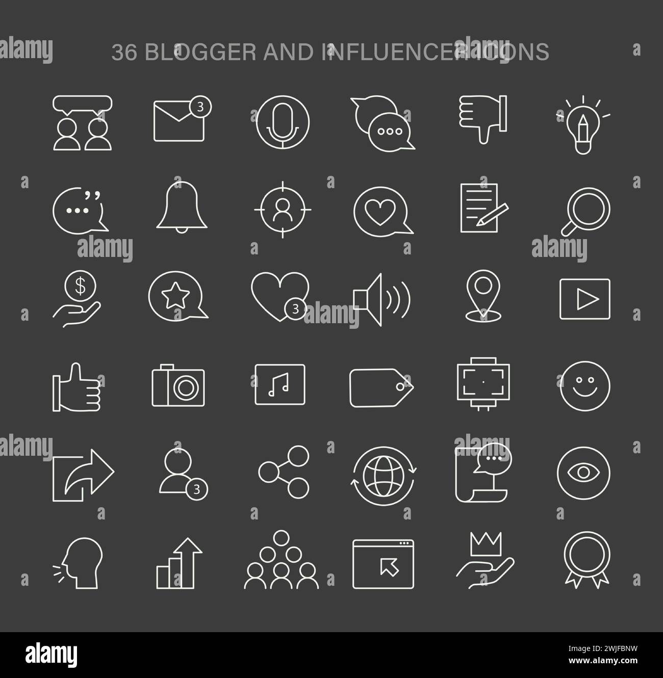 Ensemble d'icônes de blogueur et d'influenceur. Icônes polyvalentes pour la création de contenu, l'engagement du public et l'image de marque personnelle. Outils de marketing numérique et de présence sur les médias sociaux. Illustration vectorielle plate. Illustration de Vecteur