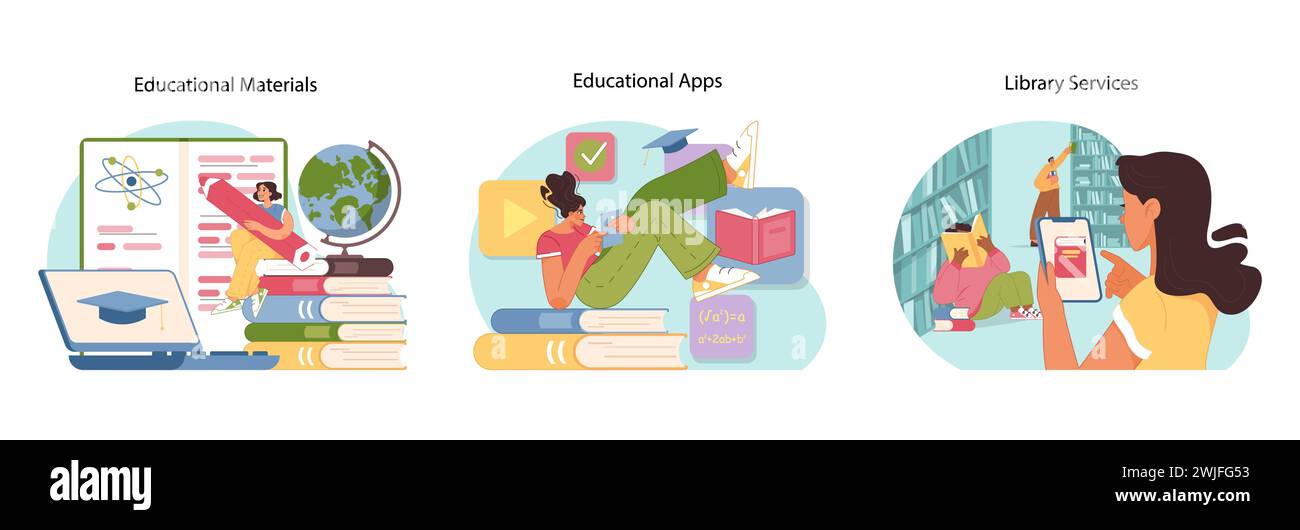 Ensemble des éléments essentiels à l'apprentissage. Différentes personnes utilisant du matériel éducatif, des applications interactives pour étudier et des services de bibliothèque améliorant les expériences académiques. Illustration vectorielle plate Illustration de Vecteur