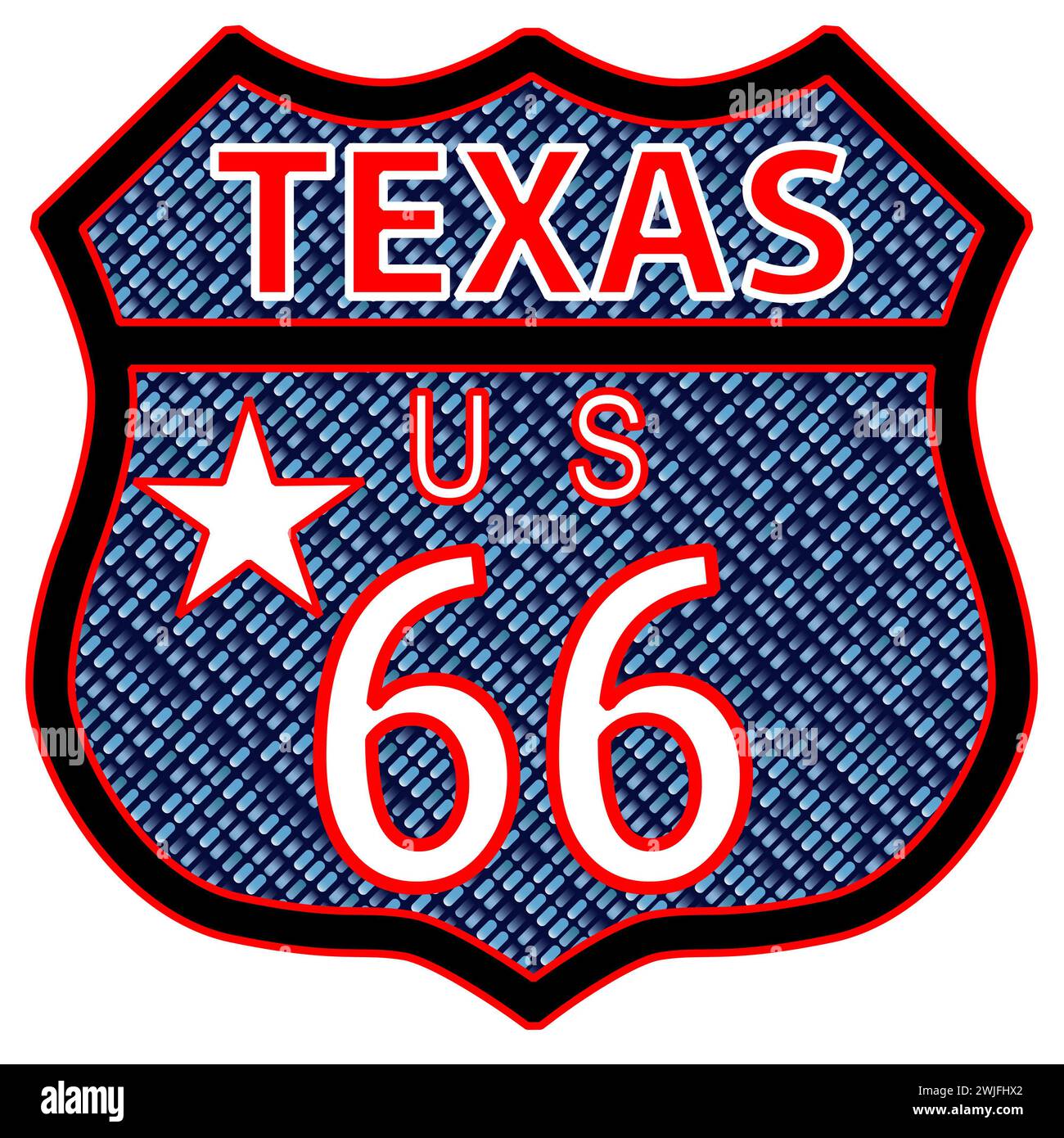 Signe de la circulation de la route 66 sur un fond blanc et le nom de l'état au Texas avec drapeau Banque D'Images