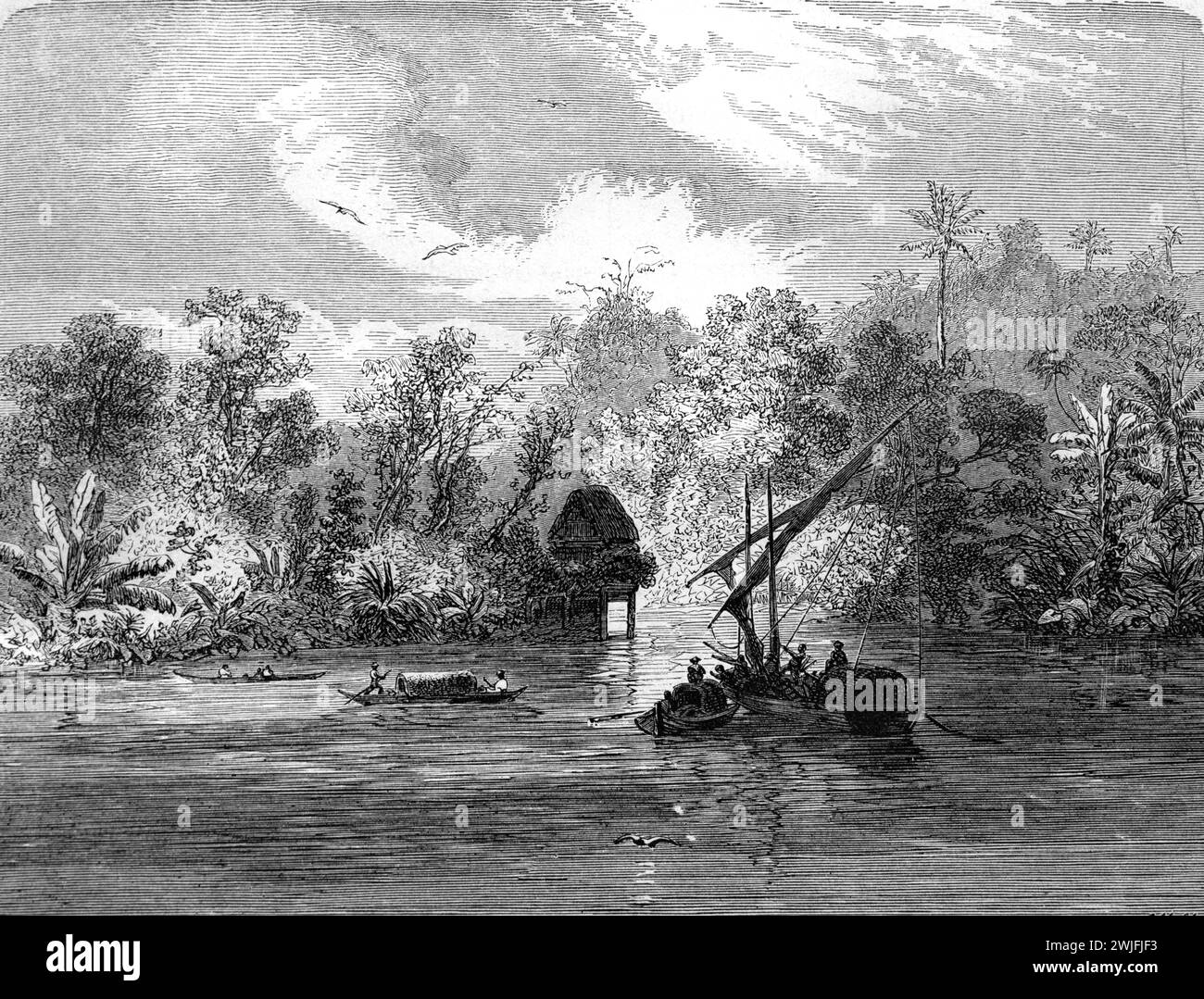 Ferry bateau à travers le fleuve Chao Phraya près de Bangkok Thaïlande. Gravure vintage ou historique ou illustration 1863 Banque D'Images