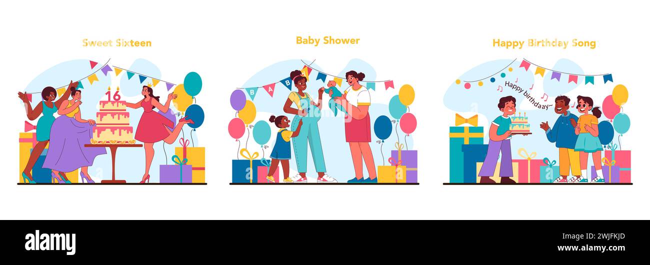 Ensemble anniversaire enfant. Seize souvenirs doux, douche de bébé réconfortante avec des amis et chanson harmonieuse d'anniversaire. Jalons célébrés avec amour et festivité vibrante. Illustration vectorielle plate Illustration de Vecteur
