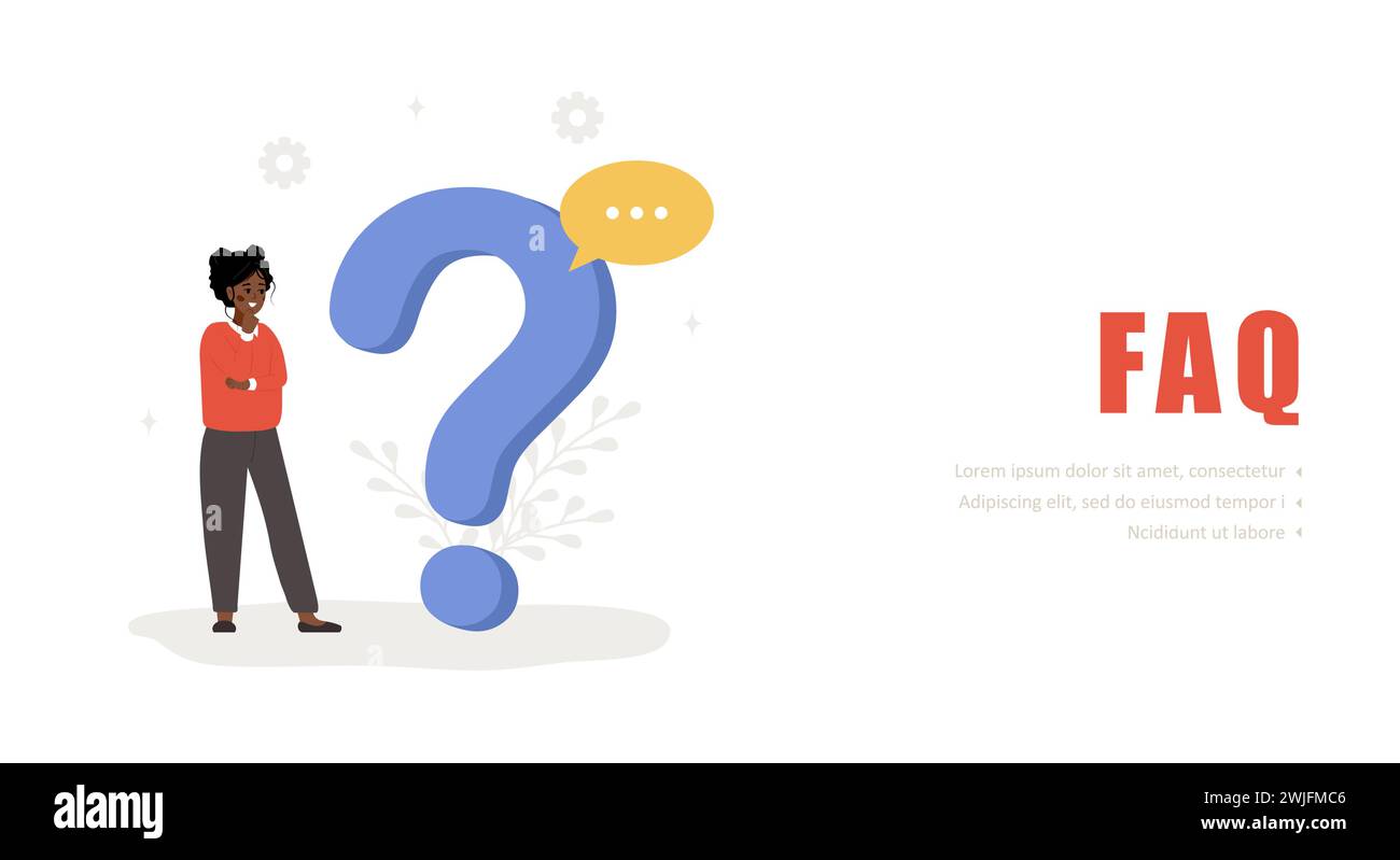 Concept des questions fréquemment posées. Femme africaine avec grand point d'interrogation recherche de réponses. Service d'assistance client et d'aide en ligne. FAQ et Illustration de Vecteur