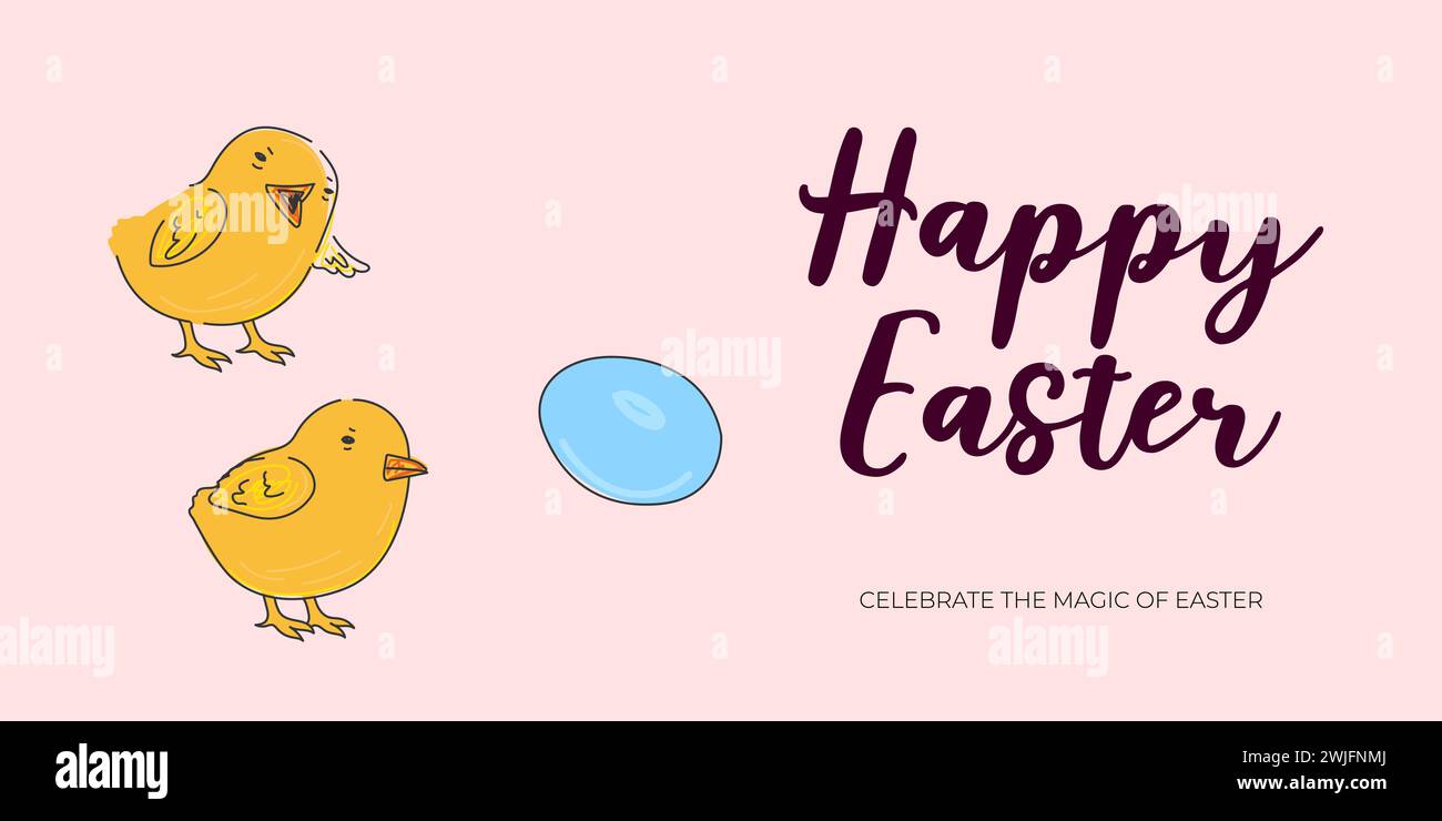 Joyeuse bannière horizontale de vacances de Pâques avec poulets mignons et oeuf coloré. Carte de voeux traditionnelle de célébration religieuse de printemps. Vecteur eps dessin affiche festive Illustration de Vecteur