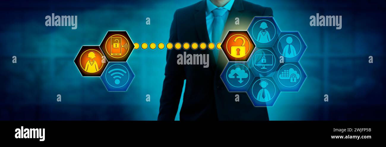 Gestionnaire méconnaissable ouvrant une connexion sécurisée à un employé distant. Métaphore des entreprises et des technologies de l'information pour le travail de n'importe où, réseau Banque D'Images