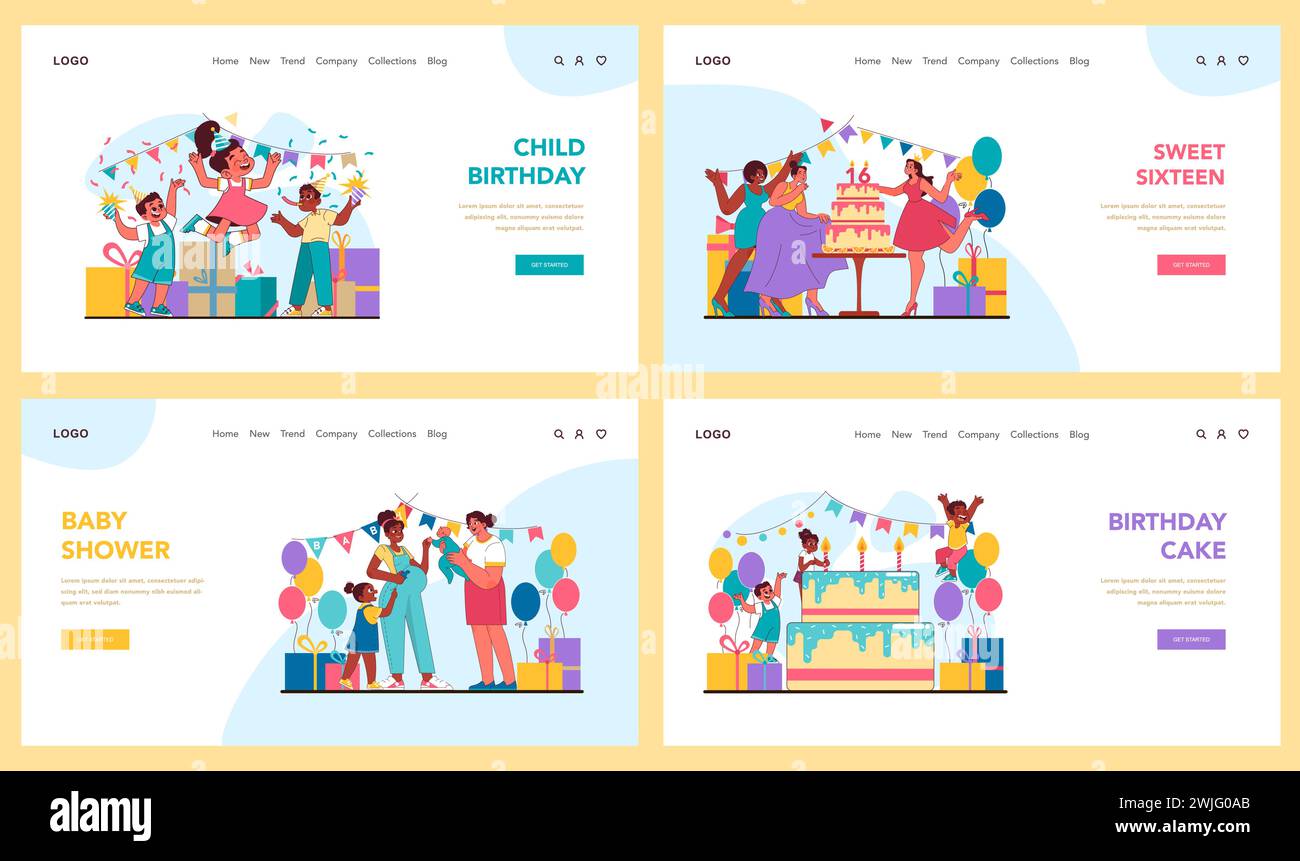 Ensemble anniversaire enfant. Seize souvenirs doux, douche de bébé réconfortante avec des amis et chanson harmonieuse d'anniversaire. Jalons célébrés avec amour et festivité vibrante. Illustration vectorielle plate Illustration de Vecteur