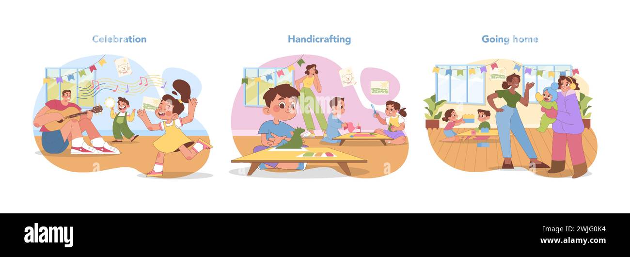 Ensemble de célébration de la maternelle. Musique et danse, artisanat et adieux joyeux. Expression créative et adieux heureux. La journée se termine par des sourires et des réalisations. Illustration vectorielle plate Illustration de Vecteur